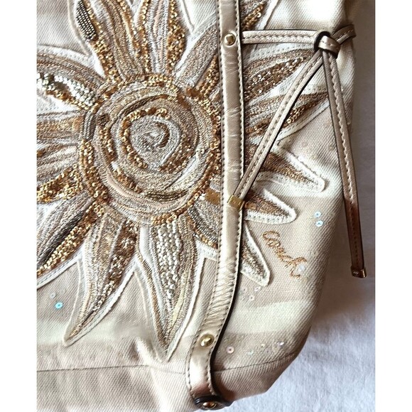 Coach Tote Audrey Sun Starfish Gold Tan Sequin Cinched Shoulder Canvas Bag Beach - Picture 4 of 9